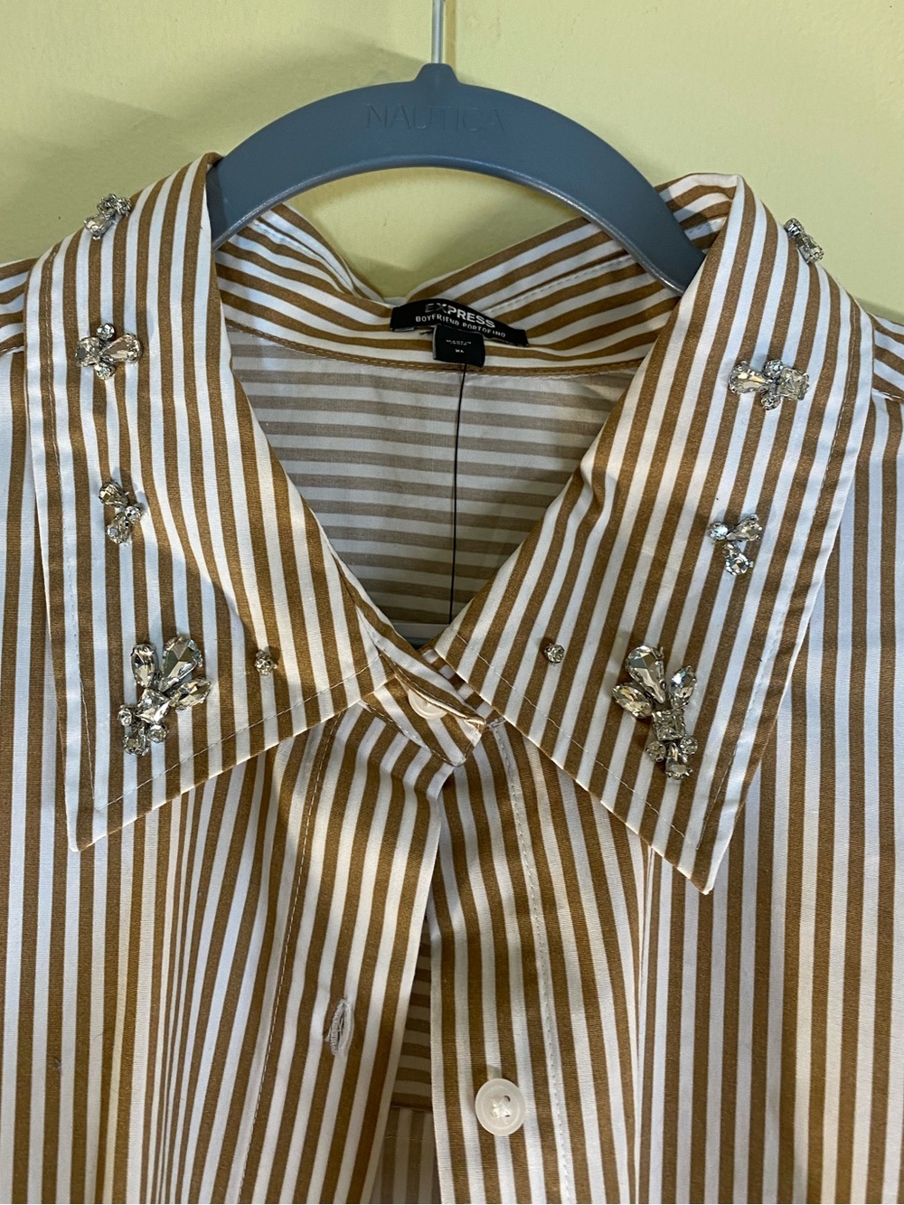 Express Striped Collared Shirt with Embellished Collar - Red & White